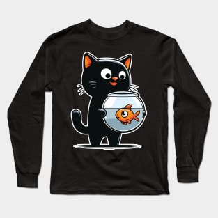 Cat Staring Down at Fish in Fishbowl Graphic Long Sleeve T-Shirt